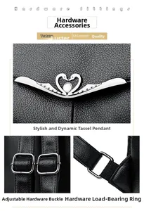 Detail of swan metal buckle and silver hardware on black litchi leather backpack