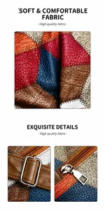 Détail du patchwork en cuir à motif lychee multicolore avec boucle et zip en métal argenté