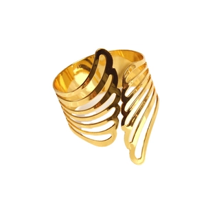 Golden open cuff bracelet featuring an intricate cutout wing and flame feather pattern