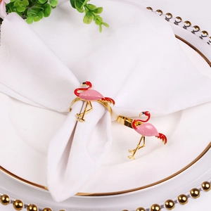 Detailed view of flamingo napkin ring with pink enamel on a white dining plate