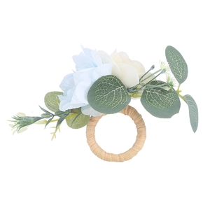 Blue faux rose napkin ring with eucalyptus leaves and woven natural fiber base