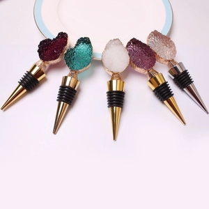 Set of 5 colorful druzy crystal wine stoppers with metallic finish and silicone seals