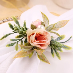 Artificial double rose napkin ring with pine cones and pearls for dining table decor