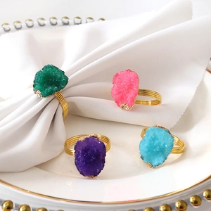 Set of 4 colorful agate crystal napkin rings with gold coils for dining table decor