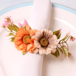 Sunflower napkin ring with orange and beige daisies for pastoral wedding table decor