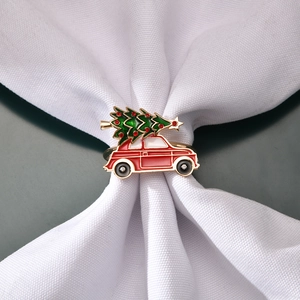 Gold Christmas tree car napkin ring with red retro car and rhinestones for table decor
