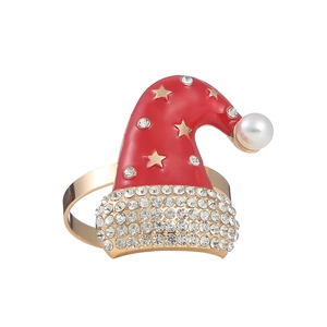 Rond de serviette bonnet de Noël en émail rouge avec étoiles dorées et strass