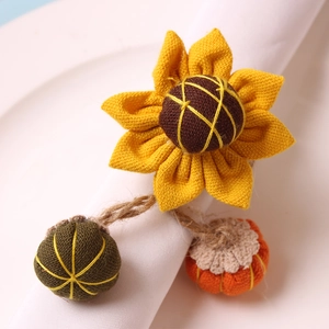 Sunflower and fabric pumpkin napkin ring set for rustic autumn table decor