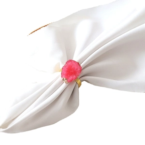 Pink crystal druze napkin ring with gold wire coil for elegant table decoration