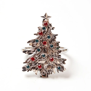 Elegant silver Christmas tree napkin ring with red and green rhinestones and a star top