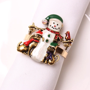 Detail of Christmas napkin rings featuring enamel snowman, dog, and cat with red rhinestones