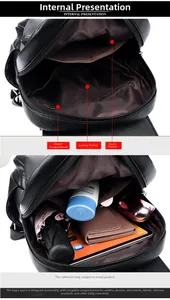 Detailed interior view of a black leather backpack showing compartments and storage capacity