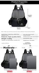Detailed size specifications for the black leather backpack showing 25x13x28cm dimensions