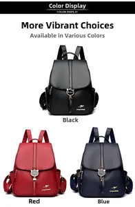 Detailed comparison of leather backpacks in black, red, and blue with metal cat charms