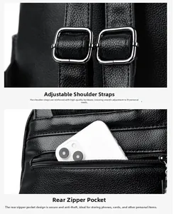 Detail of black pebbled leather backpack showing adjustable silver buckle and anti-theft pocket