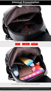 Detail view of the black leather backpack interior with compartments and large storage space