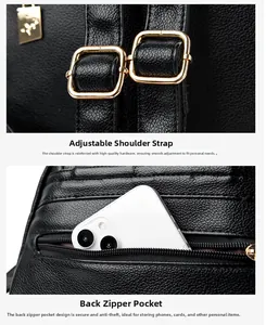 Detail of adjustable straps and anti-theft back pocket on black leather backpack