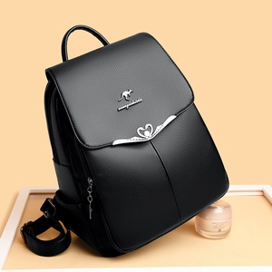Minimalist black faux leather backpack for women with golden kangaroo logo detail
