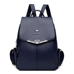 Dark blue leather backpack for women with swan metal buckle and textured finish