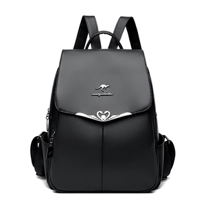 Minimalist black pebble leather backpack for women with silver heart buckle and top handle