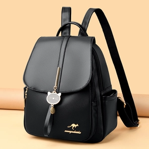 Chic black litchi leather backpack with golden kangaroo logo and cat charm pendant
