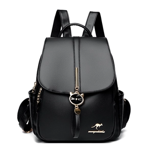 Black leather backpack for women with kangaroo logo and golden cat pendant detail