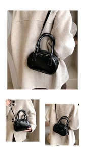 Three-angle view of a shiny black patent leather crossbody mini bowling bag on a model
