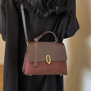 Retro burgundy suede and coffee leather handbag with gold U-shaped buckle closure