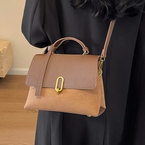 Retro caramel contrast leather crossbody bag for women with gold oval metal buckle