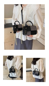 Size comparison of gray woven patchwork mini square bags with chain straps and top handles