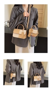 Detailed size comparison of two-tone crossbody bags with woven flap and detachable strap