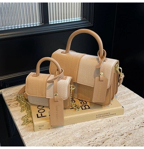 Detail von beige-karamell karierten Handtaschen in zwei Größen auf Büchern