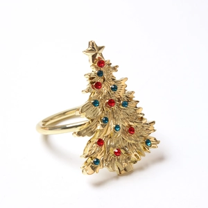 Detail of Christmas tree napkin ring with gold finish and colorful rhinestones
