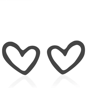 Detail of matte black heart-shaped stud earrings in minimalist hollow design