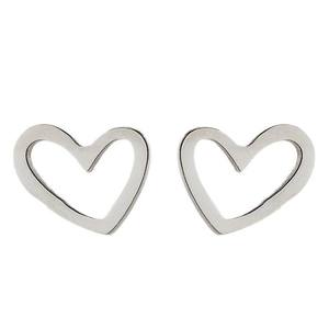 Detail shot of minimalist hollow heart stud earrings in polished silver stainless steel