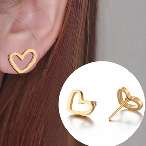 Minimalist gold hollow heart stud earrings in stainless steel for women and couples