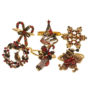 6-piece festive Christmas napkin ring set with rhinestone-encrusted holiday icons
