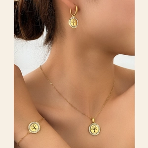Collection De Bijoux Arbre De Vie Acier Inoxydable Pendentif Rond Creux Collier Bracelet Et Boucles D'oreilles Strass