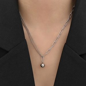 Stainless Steel Necklace Asymmetrical Paperclip Chain Ball Pendant Minimalist Industrial Clavicle Jewelry For Women Men