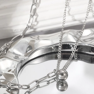 Silver titanium steel necklace with paperclip chain and polished ball pendant