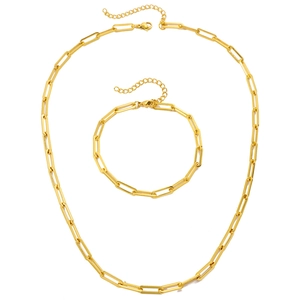 Minimalist gold-plated stainless steel paperclip chain necklace and bracelet jewelry set