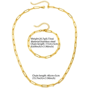 Titanium steel paperclip chain necklace and bracelet set with gold finish for layering