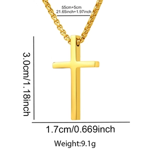 Detail view of gold cross pendant with dimensions 3.0x1.7cm and box chain length 55+5cm