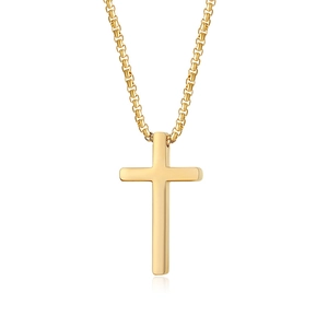 Polished gold stainless steel cross pendant necklace with box chain on white background