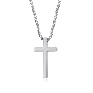 Polished stainless steel cross pendant necklace with box chain on white background