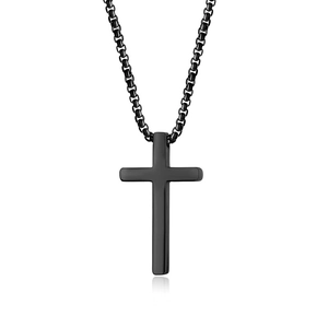 Classic black stainless steel cross pendant necklace with round box chain for men