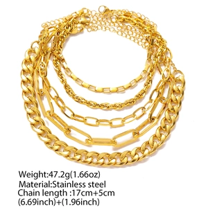 5-piece set of layered gold stainless steel curb and paperclip link chain bracelets