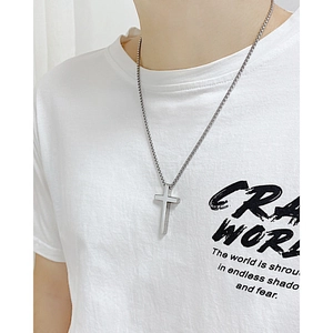 Polished silver stainless steel cross pendant necklace with box chain for men