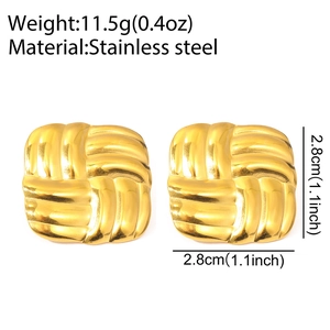 Polished 18k gold plated stainless steel square earrings with textured woven pattern