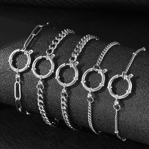 Detailed set of silver stainless steel curb and paperclip chains with spring lock
